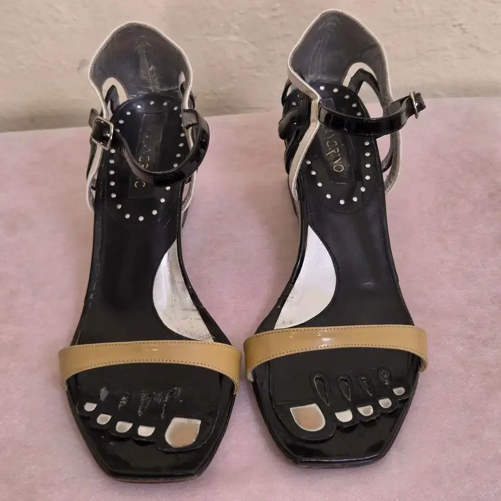 Catherine Malandrino Black and White Patent Leather Wedge Sandals